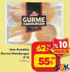 UNO ANADOLU GURME HAMBURGER EKMEĞİ 4'LÜ 400 G fiyat ve kampanya bilgisi
